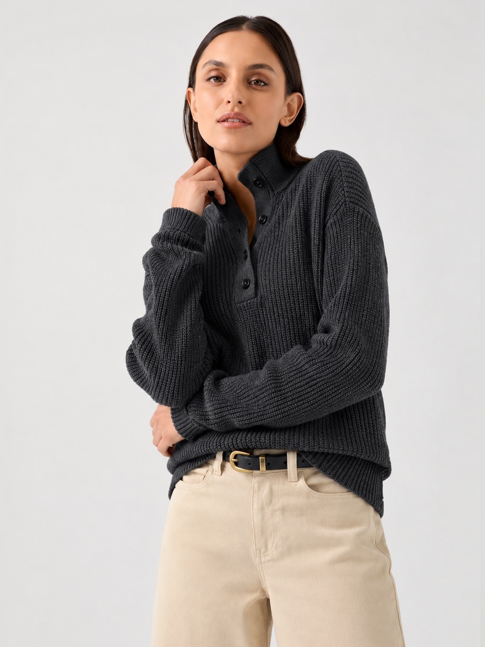 Pact Luxe Knit Henley Sweater Ribbed Button-Front Sweater Charcoal